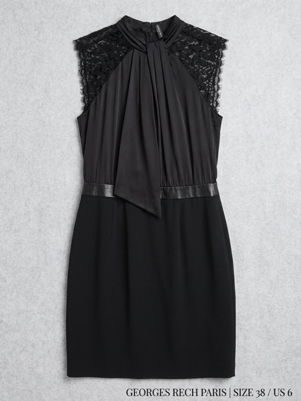 Georges Rech Paris Black Lace Satin Mock Neck Cocktail Sheath Dress Size 38 / 6